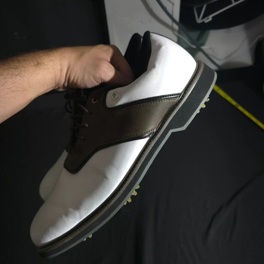 FootJoy Golf Shoes Mens 12 White Brown Saddle Spiked Athletic Cleats 57022